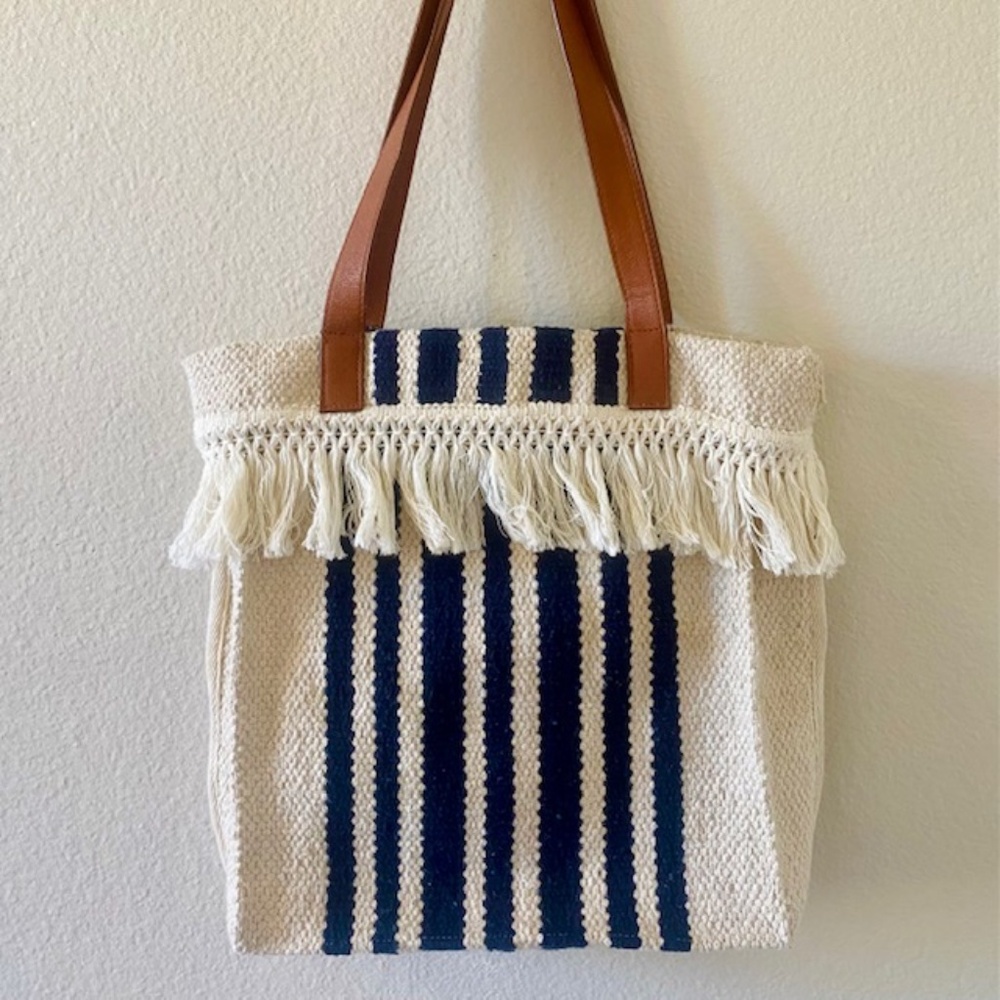 Tote Bag w/Cotton Fringe & Leather Handles -  Navy Stripe Beachy Boho Vibe
